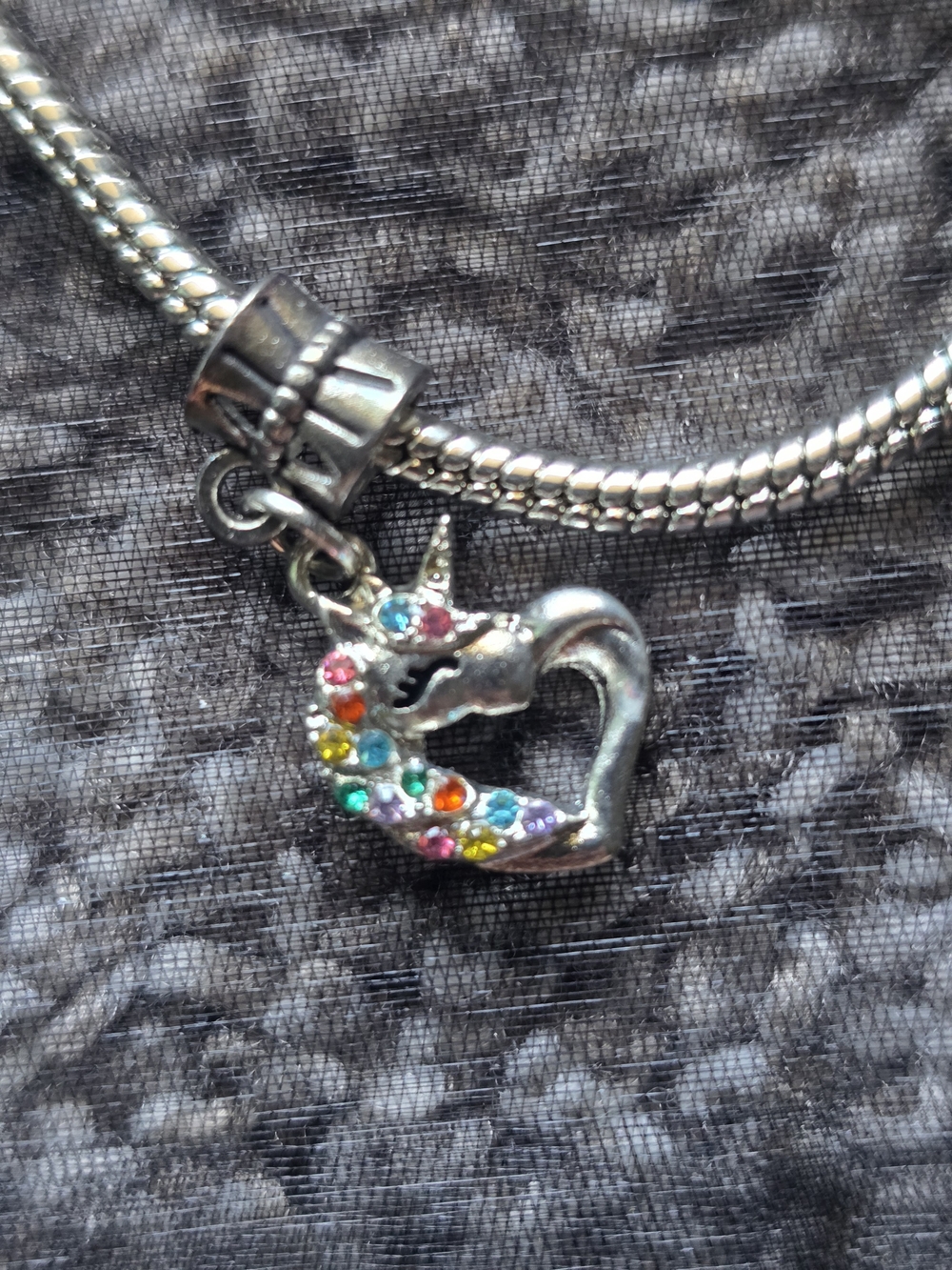 Silver Unicorn Heart Charm Bracelet with Multicolor Stones